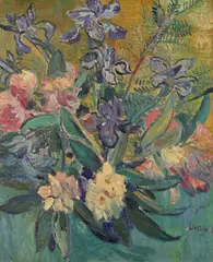 Rhododendrons and Iris Signed and dated 55 by John Livesey, Oil on canvasboard, sold Nov 2017