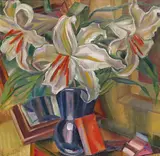 Still life of lilies in a blue vase Signed Oil on canvas 51 x 51cm Provenance: Artist's label verso, titled Weisse Blumen- by Hans Walter Scheller, Oil on canvas, sold Nov 2017