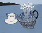 Still life with a blue teapot in a blue landscape Signed Oil on canvas 40 x 50.5cm ++Good condition by Geoffrey Robinson, Oil on canvas, sold Nov 2017