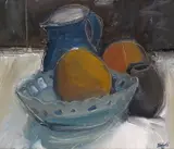 Still life of fruit in a bowl with a blue jug Signed and dated '01 Oil on board 38 x 44cm-- by Dawn Sidoli Neac, Oil on board, sold Nov 2017