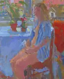 Seated nude with pot plants Signed Oil on canvas 30 x 25cm ++Good condition by Bo Hilton, Oil on canvas, sold Nov 2017