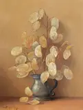 Honesty in a pewter mug Signed Oil on board 35 x 27cm ++Good condition - by Robert Chailloux, Oil on board, sold Nov 2017
