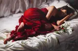 Girl in a red dress with lilies Signed with initials Oil on canvas 41 x 60cm ++Good condition by Tina Spratt, Oil on canvas, offered Nov 2017