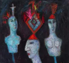 Untitled by Marj Bond, Oil on board with applied feathers, sold Nov 2017