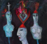 Untitled by Marj Bond, Oil on board with applied feathers, sold Nov 2017