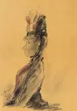 Caricature of a lady, seated in profile Dated 1886 Charcoal and watercolour on buff paper 21 x 14.5cm Provenance: Duncan R by Lucien Pissarro, 1886, Charcoal and watercolour on buff paper, sold Nov 2017