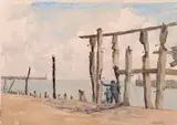 Opening of the Canal at Zeebrugge Signed, titled, inscribed and dated 1926 Pencil and watercolour on buff paper 26 x 36cm Provenance: Spink, London, No by Martin Hardie, 1926, Pencil and watercolour on buff paper, sold Nov 2017