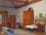 The interior of William Holman Hunt's studio Signed and by Frederick Samuel Beaumont, 1926, Watercolour on arches paper, sold Nov 2017