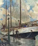 The Schooner Result at a quayside Signed Pen ink and by Eustace P. E. Nash, Pen ink and watercolour, offered Nov 2017