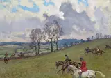 Colonel Colman out hunting on his grey by Lionel Edwards, Watercolour with bodycolour on grey/blue paper, offered Nov 2017
