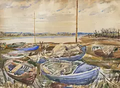 Sailing boats and dinghies on the shore A pair, both signed and dated 1944 Both pen by Jack Miller, 1944, ink and watercolour, offered Nov 2017