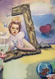 Surreal painting of a girl and frame with doves by R. G., Watercolour with bodycolour and some collage, sold Nov 2017