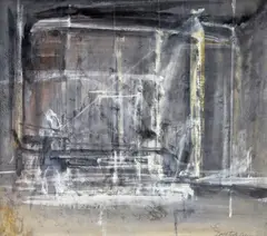 Shop window by David Tindle, Watercolour with bodycolour on linen, sold Nov 2017