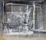 Shop window by David Tindle, Watercolour with bodycolour on linen, sold Nov 2017