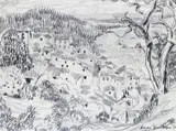 Mediterranean Landscape by Julian Trevelyan, Pencil on blue/grey paper, sold Nov 2017
