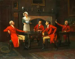 Huntsmen and a serving maid around a table by Harold H. Piffard, oil on canvas, sold May 2014