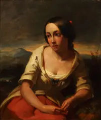 A peasant girl seated in a mountainous river landscape by George Wells, oil on board, sold May 2014