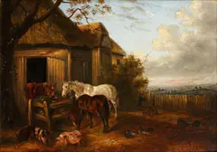 Pigs, horses and ducks in a farmyard; a pair by Henry Charles Woollett, oil on canvas, sold May 2014