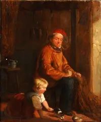 A sailor mending nets, a child playing with a kitten at his feet by William Hemsley, oil on canvas, sold May 2014