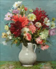 'Dahlias Rouges, Pot Blanc' by Marcel Dyf, oil on canvas, sold Feb 2014