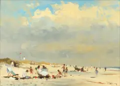 Beach scene by Roy Petley, oil on board, sold Feb 2014