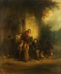 Tinker mending a kettle by a cottage door by Henry Perlee Parker, oil on canvas, sold Feb 2014