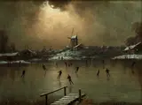 Moonlit skating scene; a pair by Nils Hans Christiansen, oil on board, sold Feb 2014
