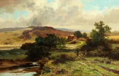 Traveller and a donkey on a track before a farm, in a moorland landscape by Leopold Rivers, oil on canvas, offered Feb 2014