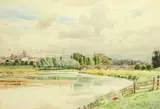 An extensive river landscape with a bridge and a Cathedral beyond, by Thomas Bushby, watercolour,, sold Feb 2014