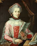 Portrait of a lady, half-length, in a pink dress and headdress and a lace cape, at her spinet by French School, oil on canvas, offered Feb 2014