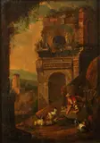 A shepherd resting with his flocks before Italianate ruins by Johann Heinrich Roos, oil on canvas, offered Feb 2014