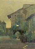 Houses at dusk by Percy des Carrieres Ballance, ink and watercolour on blue paper, sold Jan 2014