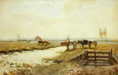 Cows in a river landscape by Adrianus Miolée, watercolour and gouache, sold Jan 2014