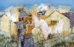 Village and blossom trees by Frederick Donald Blake, mixed media, sold Jan 2014