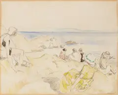 Sur la plage by Henri Lebasque, charcoal and watercolour on paper, sold Jan 2014