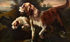Three setters with the day's bag; an otterhound and pup on the riverbank, a pair by Charles Dudley, oil on canvas laid on board, sold Jan 2014