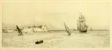 Sailing ships; Cliffs, sand and seagulls; and Seascape - big catch by William Lionel Wyllie, etching, sold Jan 2014