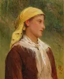 Portrait study of a young woman with yellow headscarf by Charles Sillem Lidderdale, watercolour, sold Jan 2014
