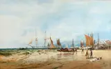 Busy coastal scene with ship, fishing boats, and figures on the shore by Edgar E. West, watercolour, sold Jan 2014