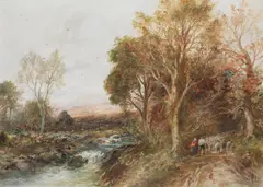 A shepherd and his flock on a country path by a river by Albert Pollitt, watercolour, sold Jan 2014