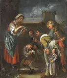 An old woman handing a coin to a street seller by Jacob van Toorenvliet, oil on canvas, laid down on panel, offered Jan 2014