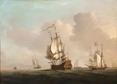 A French three-masted warship and further ships of the line by English School, oil on canvas, sold Feb 2014
