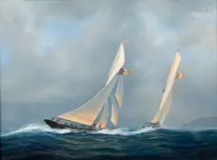 A cutter of the Royal Belgium Yacht Club leads a cutter of the Yacht Club D'Anvers by Tim Thompson, oil on canvas, sold Feb 2014