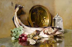 Still Life with Fish and Radishes by George Loftus Noyes, oil on canvas, offered Jan 2014