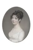 Miss E. Kent, wearing white dress with gauze fill-in, her hair upswept and dressed with a strand of pearls. by John Smart, Kent/ painted by/ John Smart/ 1806/ Russell Street/ Fitzroy Square, red leather travelling case, sold Dec 2013