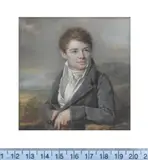 The artist's son, Hyppolite Périn (d.1827), seated in a landscape and wearing a blue coat, white waistcoat, chemise and tied stock. by Louis-Lié Perin-Salbreux, sold Dec 2013
