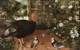 Turkey, partridge and pigeons on a terrace by Tomás Yepes, oil on canvas, offered Dec 2013
