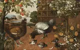 A cockerel, a chicken and fledglings on a terrace by Tomás Yepes, oil on canvas, offered Dec 2013