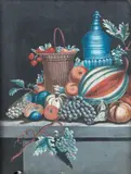 Still life of a basket of strawberries with other fruit on a stone ledge; Still life of a tazza of plums with other fruit on a stone ledge by English School, gouache over etched outline, a pair, sold Jan 2014