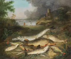 Pike, trout, carp, perch and other fish on a river bank by Stephen Elmer, oil on canvas, sold Jan 2014